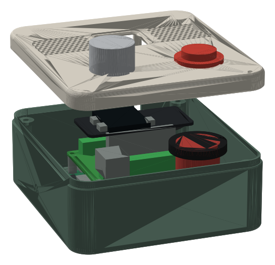 CAD render of the case with the lid lifted, showing the Pi, speaker board, button and dial